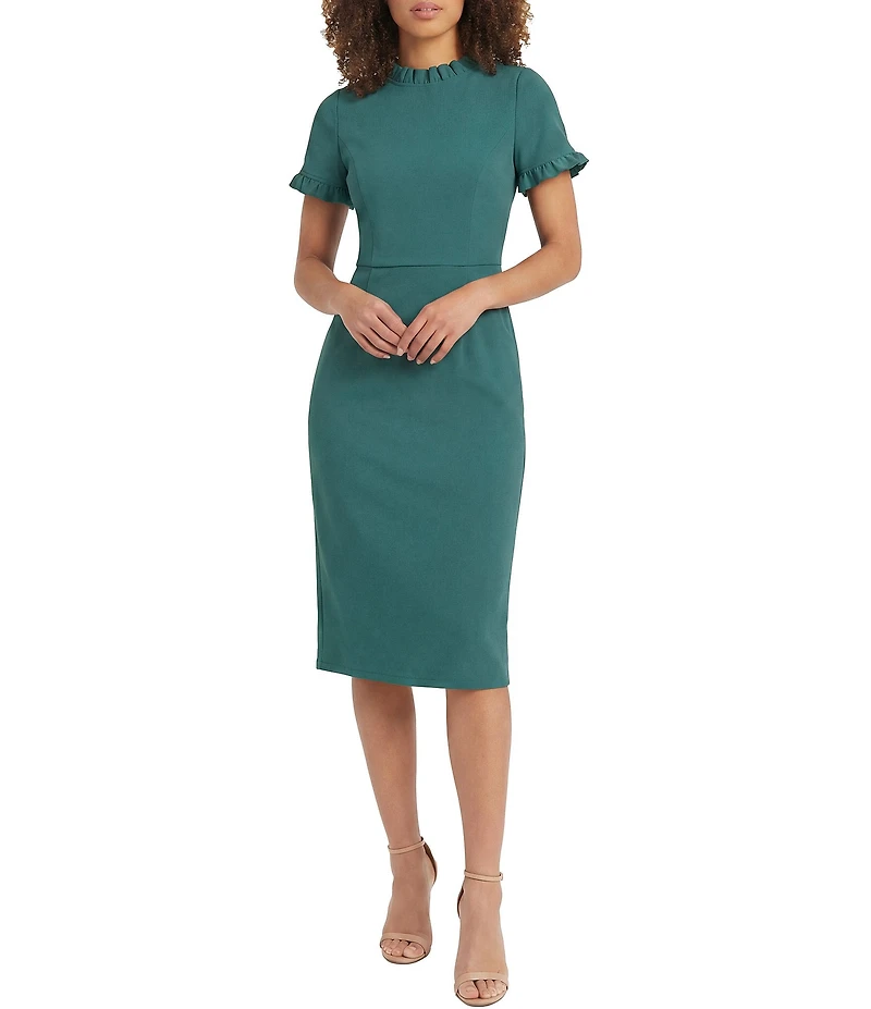 Maggy London Ruffle Mock Neck Short Sleeve Stretch Crepe Midi Pencil Sheath Dress