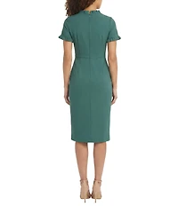 Maggy London Ruffle Mock Neck Short Sleeve Stretch Crepe Midi Pencil Sheath Dress