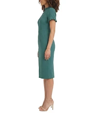 Maggy London Ruffle Mock Neck Short Sleeve Stretch Crepe Midi Pencil Sheath Dress