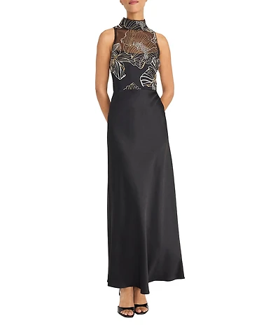 Maggy London Satin Embroidered Mock Neck Sleeveless Gown