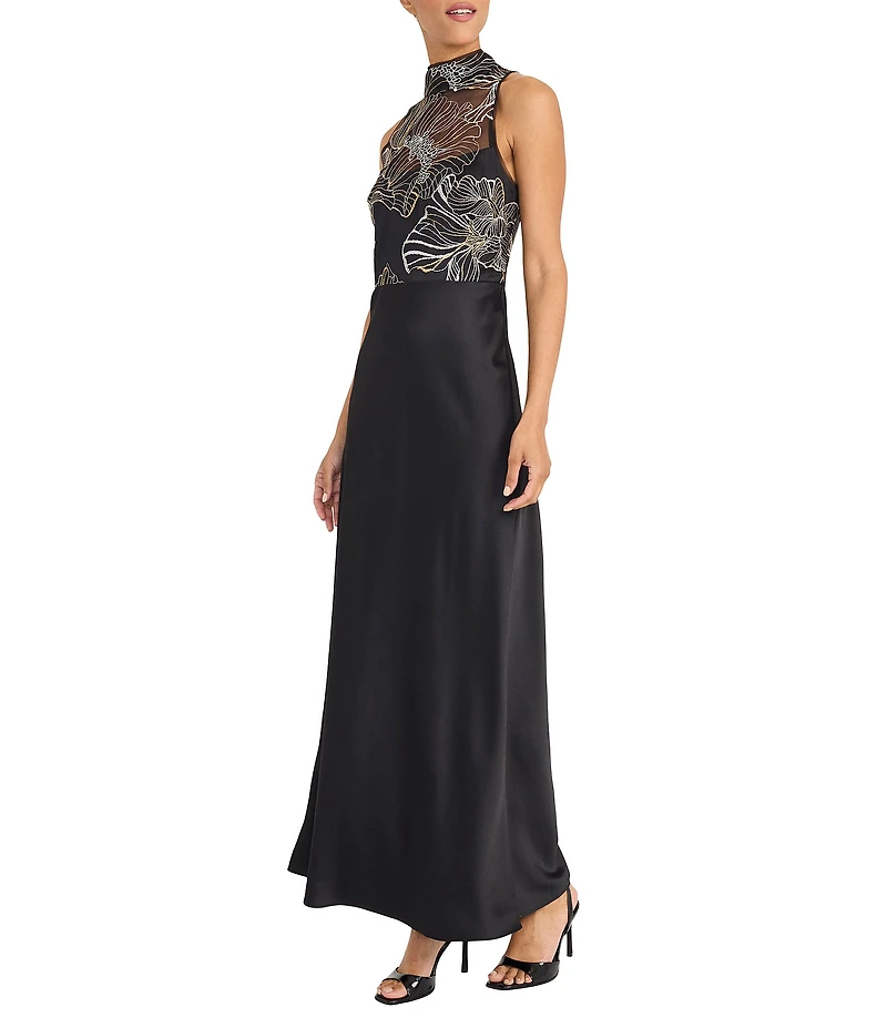 Maggy London Satin Embroidered Mock Neck Sleeveless Gown