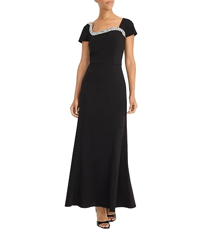 Maggy London Scuba Crepe Asymmetrical Embellished Neck Gown