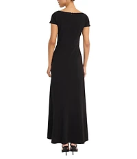 Maggy London Scuba Crepe Asymmetrical Embellished Neck Gown