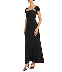 Maggy London Scuba Crepe Asymmetrical Embellished Neck Gown
