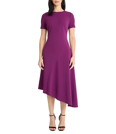Maggy London Scuba Crepe Boat Neck Short Sleeve Asymmetrical Hem Midi Dress