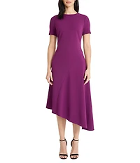 Maggy London Scuba Crepe Boat Neck Short Sleeve Asymmetrical Hem Midi Dress