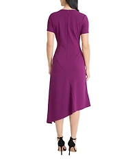 Maggy London Scuba Crepe Boat Neck Short Sleeve Asymmetrical Hem Midi Dress