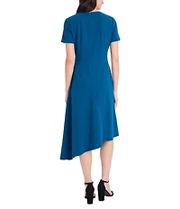 Maggy London Scuba Crepe Boat Neck Short Sleeve Asymmetrical Hem Midi Dress