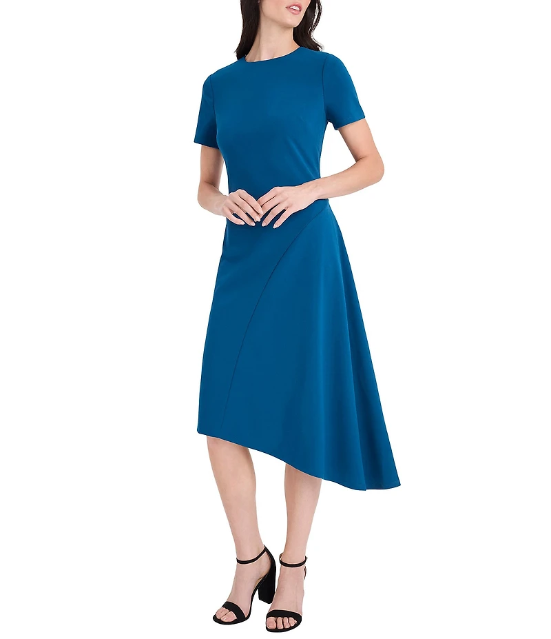 Maggy London Scuba Crepe Boat Neck Short Sleeve Asymmetrical Hem Midi Dress