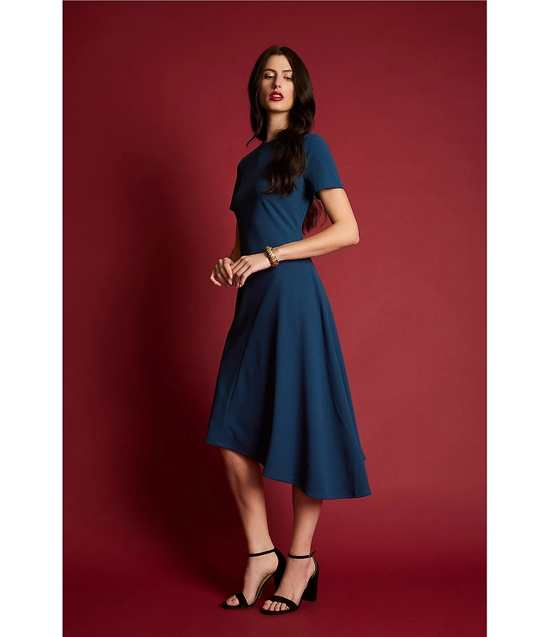 Maggy London Scuba Crepe Boat Neck Short Sleeve Asymmetrical Hem Midi Dress