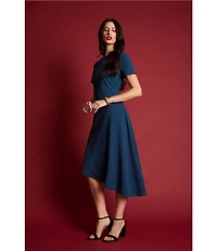 Maggy London Scuba Crepe Boat Neck Short Sleeve Asymmetrical Hem Midi Dress