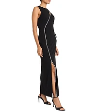 Maggy London Scuba Crepe Embellished Keyhole Neck Sleeveless Gown