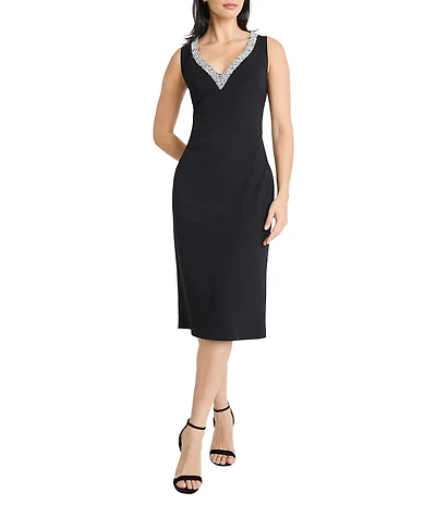 Maggy London Scuba Crepe Embellished V-Neck Sleeveless Sheath Midi Dress