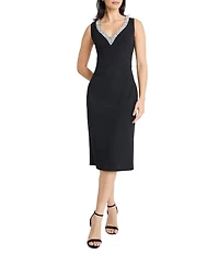 Maggy London Scuba Crepe Embellished V-Neck Sleeveless Sheath Midi Dress