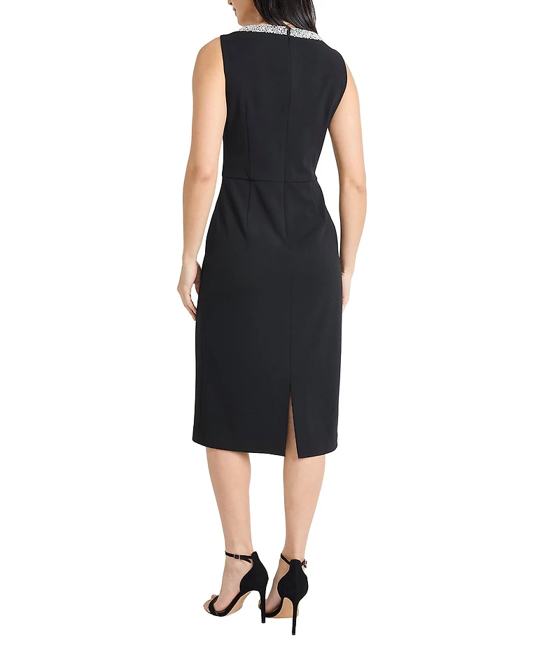 Maggy London Scuba Crepe Embellished V-Neck Sleeveless Sheath Midi Dress