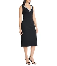 Maggy London Scuba Crepe Embellished V-Neck Sleeveless Sheath Midi Dress
