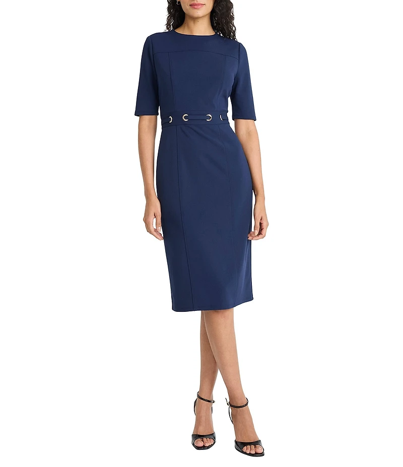 Maggy London Scuba Crepe Half Sleeve Belted Sheath Midi Dress