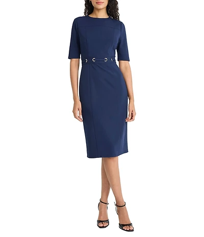 Maggy London Scuba Crepe Half Sleeve Belted Sheath Midi Dress