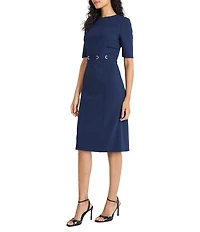 Maggy London Scuba Crepe Half Sleeve Belted Sheath Midi Dress