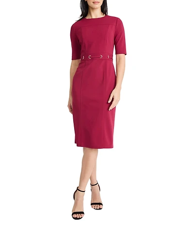 Maggy London Scuba Crepe Half Sleeve Belted Sheath Midi Dress