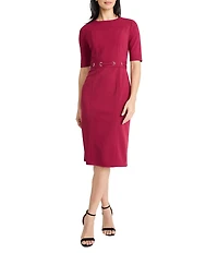 Maggy London Scuba Crepe Half Sleeve Belted Sheath Midi Dress