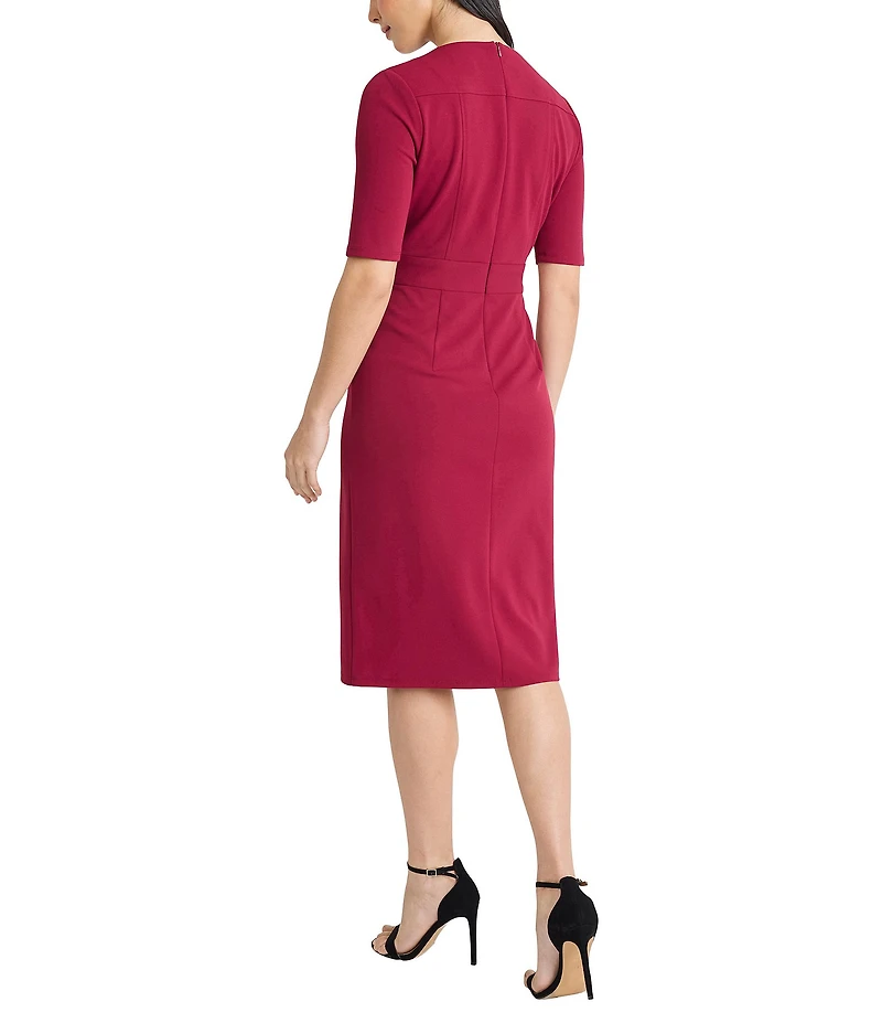 Maggy London Scuba Crepe Half Sleeve Belted Sheath Midi Dress