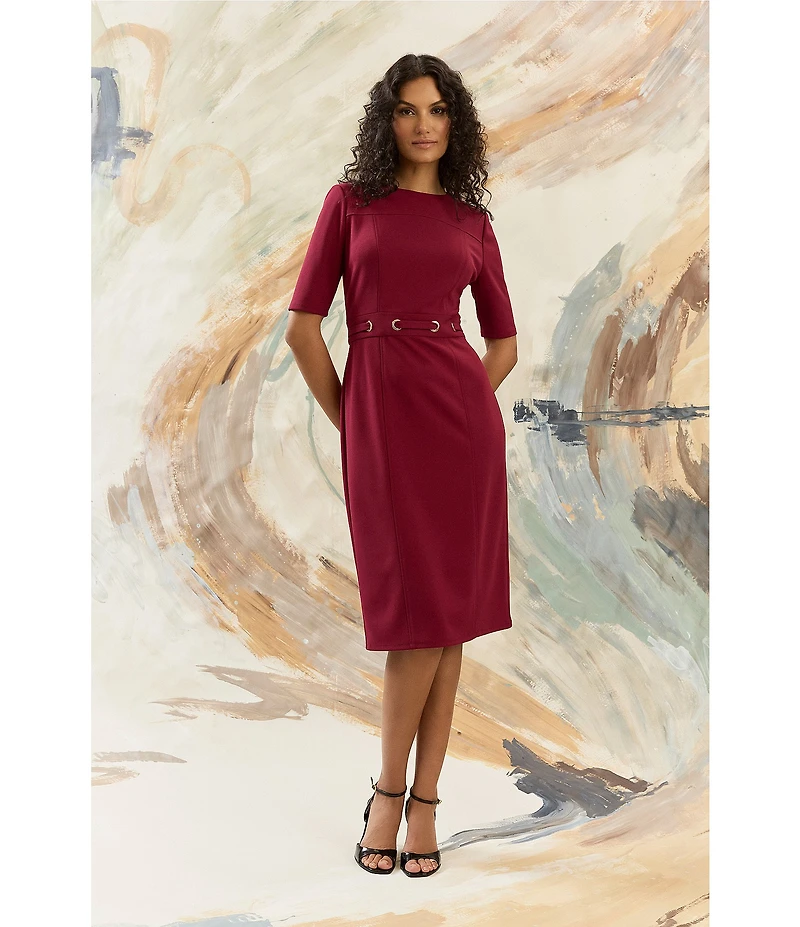 Maggy London Scuba Crepe Half Sleeve Belted Sheath Midi Dress