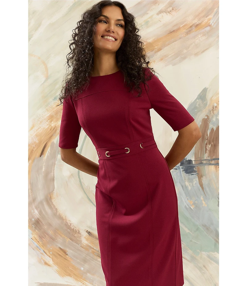 Maggy London Scuba Crepe Half Sleeve Belted Sheath Midi Dress