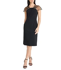 Maggy London Scuba Crepe Mesh Illusion Neck Beaded Neckline Sheath Midi Dress
