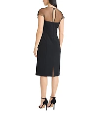 Maggy London Scuba Crepe Mesh Illusion Neck Beaded Neckline Sheath Midi Dress