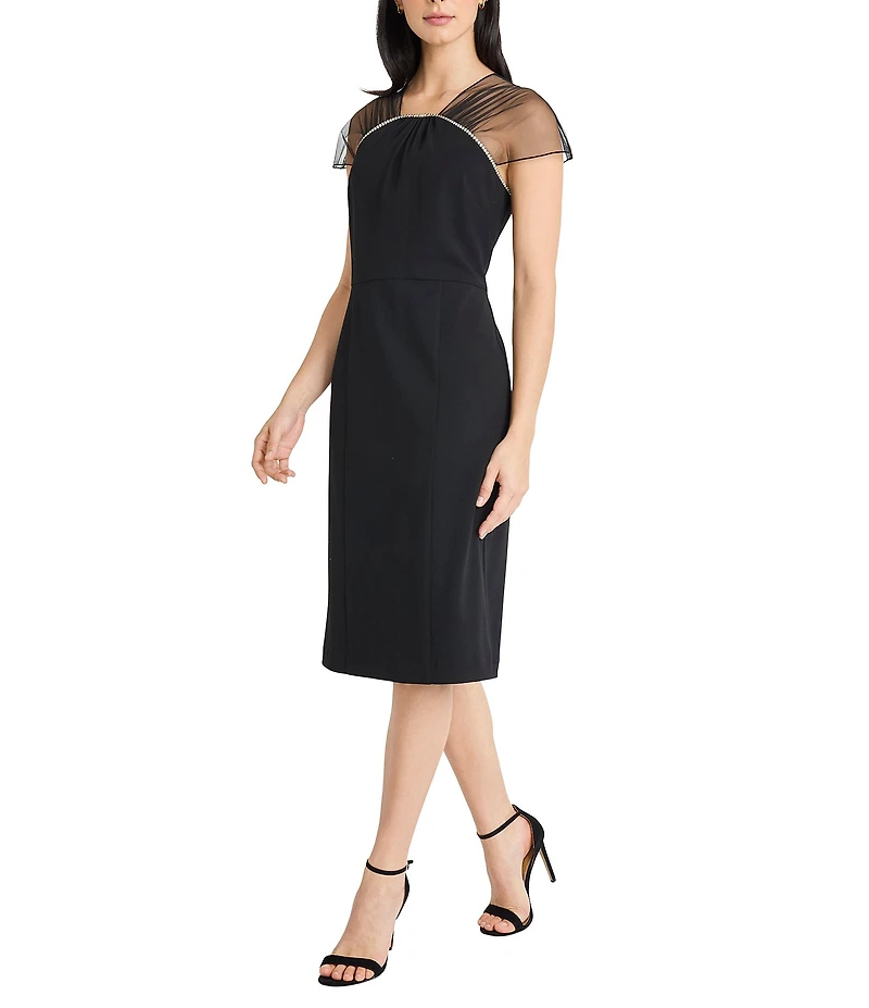 Maggy London Scuba Crepe Mesh Illusion Neck Beaded Neckline Sheath Midi Dress