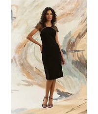 Maggy London Scuba Crepe Mesh Illusion Neck Beaded Neckline Sheath Midi Dress
