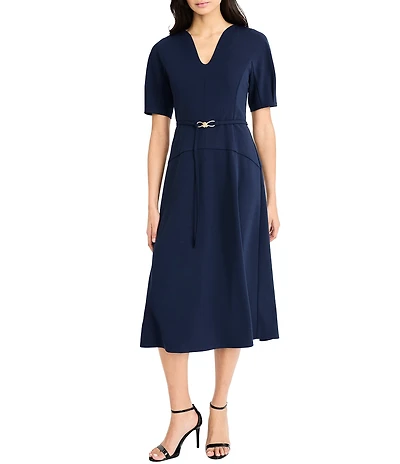 Maggy London Scuba Crepe Notch Neck Short Sleeve Belted Midi Dress