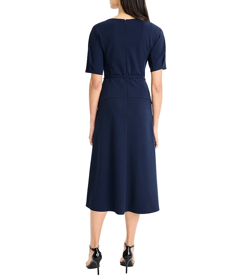 Maggy London Scuba Crepe Notch Neck Short Sleeve Belted Midi Dress