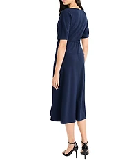 Maggy London Scuba Crepe Notch Neck Short Sleeve Belted Midi Dress
