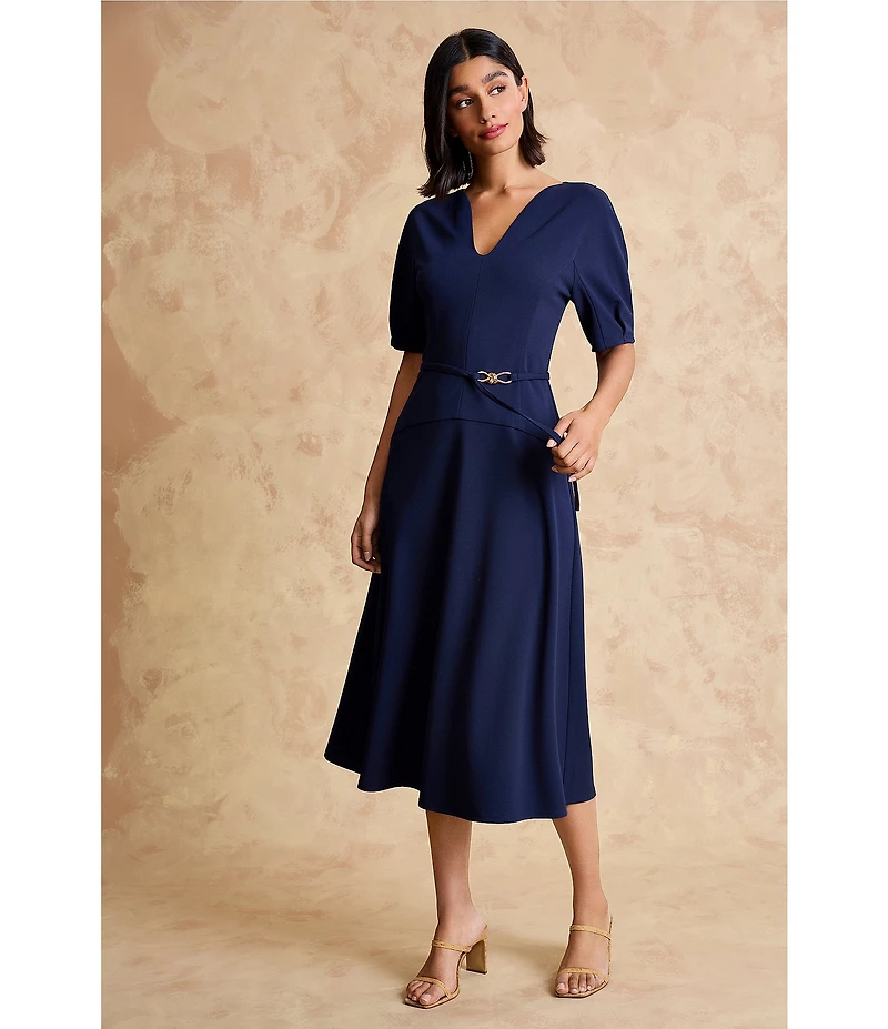 Maggy London Scuba Crepe Notch Neck Short Sleeve Belted Midi Dress