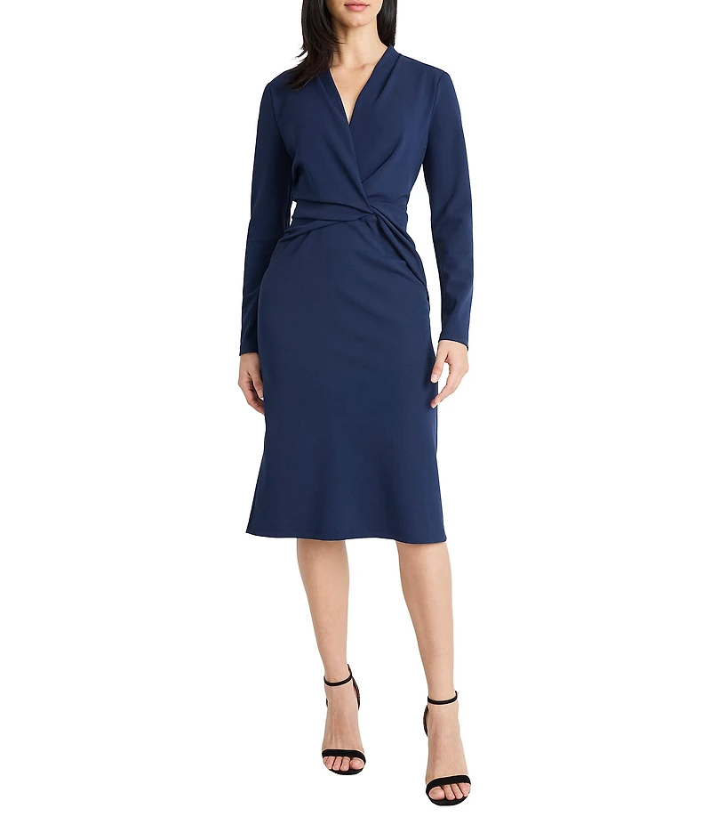 Maggy London Scuba Crepe Surplice Neck Long Sleeve Midi Dress