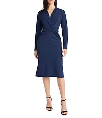 Maggy London Scuba Crepe Surplice Neck Long Sleeve Midi Dress