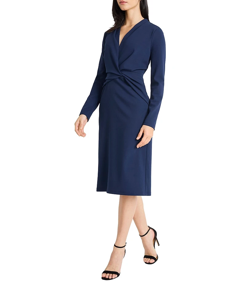 Maggy London Scuba Crepe Surplice Neck Long Sleeve Midi Dress