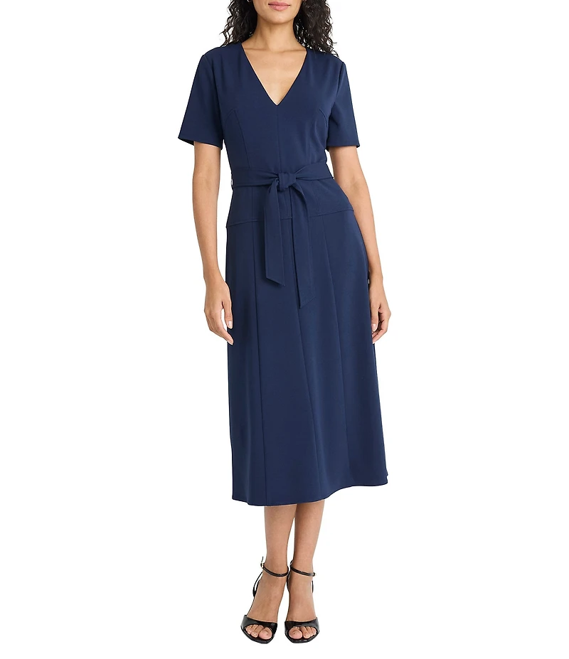 Maggy London Scuba Crepe V-Neck Tie Belt Midi Dress