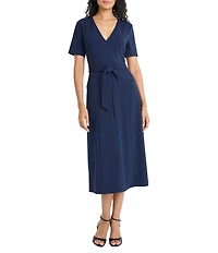 Maggy London Scuba Crepe V-Neck Tie Belt Midi Dress