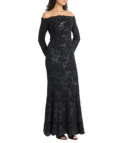 Maggy London Sequin Lace Off-The-Shoulder Long Sleeve Dress