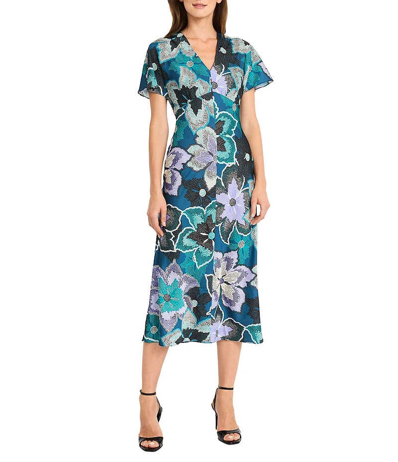 Maggy London Short Flutter Sleeve Floral Midi Dress