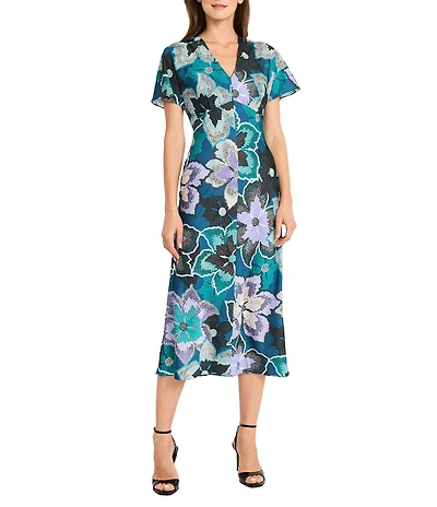 Maggy London Short Flutter Sleeve Floral Midi Dress