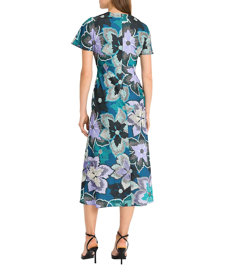Maggy London Short Flutter Sleeve Floral Midi Dress