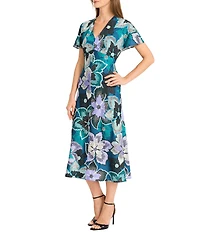 Maggy London Short Flutter Sleeve Floral Midi Dress
