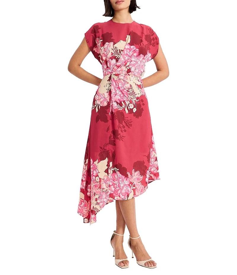Maggy London Short Sleeve Asymmetrical Hem Georgette Midi Dress