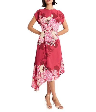 Maggy London Short Sleeve Asymmetrical Hem Georgette Midi Dress