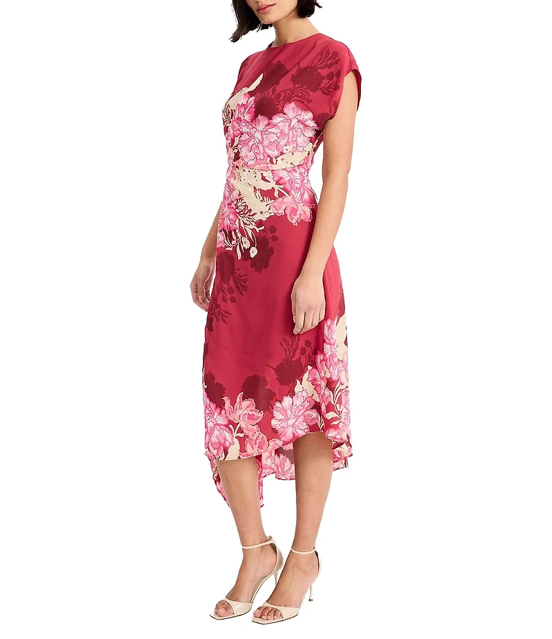 Maggy London Short Sleeve Asymmetrical Hem Georgette Midi Dress