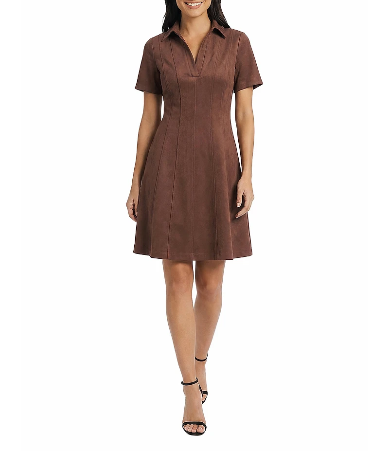 Maggy London Short Sleeve Collared V-Neck Suede Fit-And-Flare Dress
